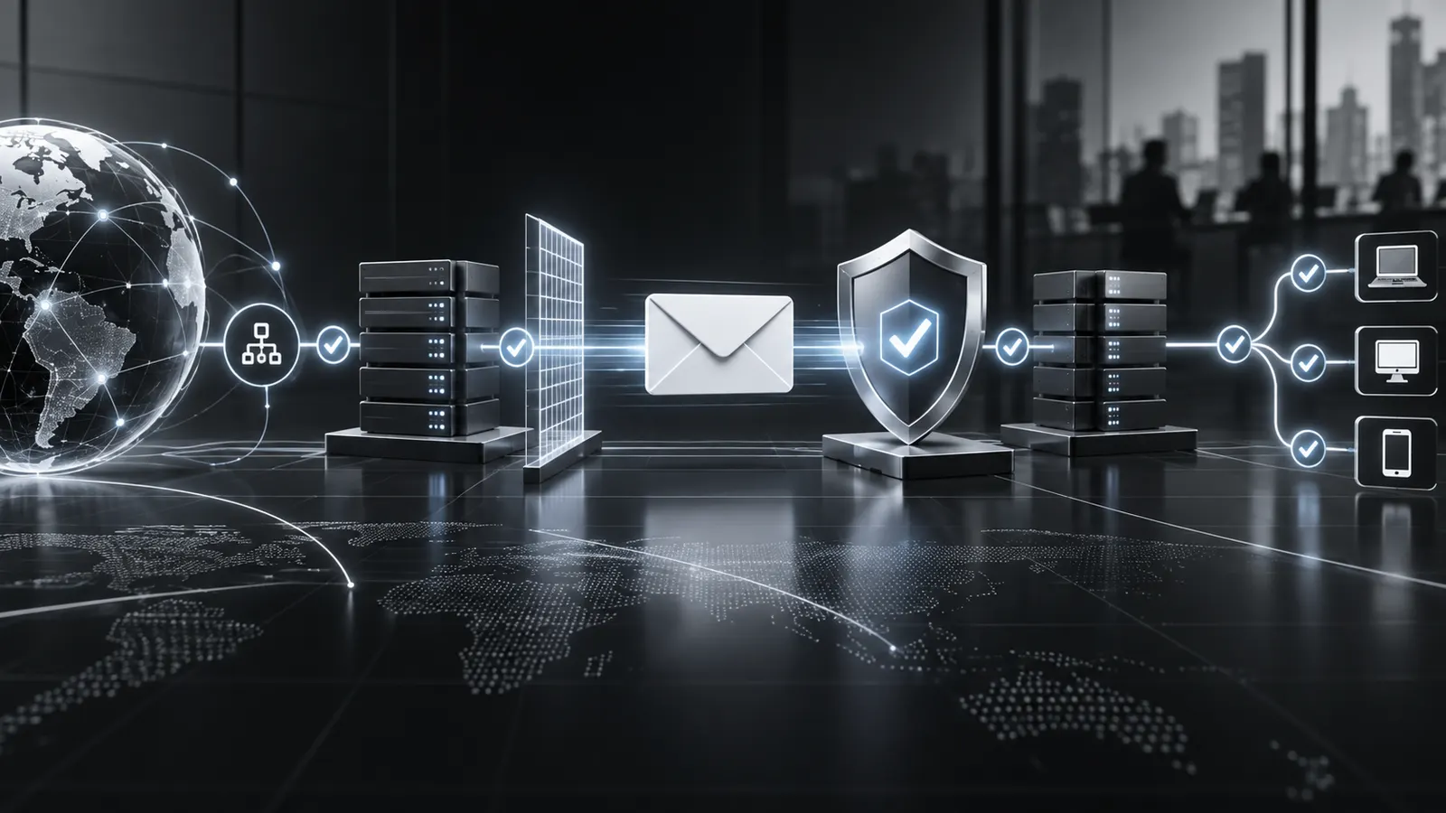 Email passing through protected servers and authentication layers for secure delivery