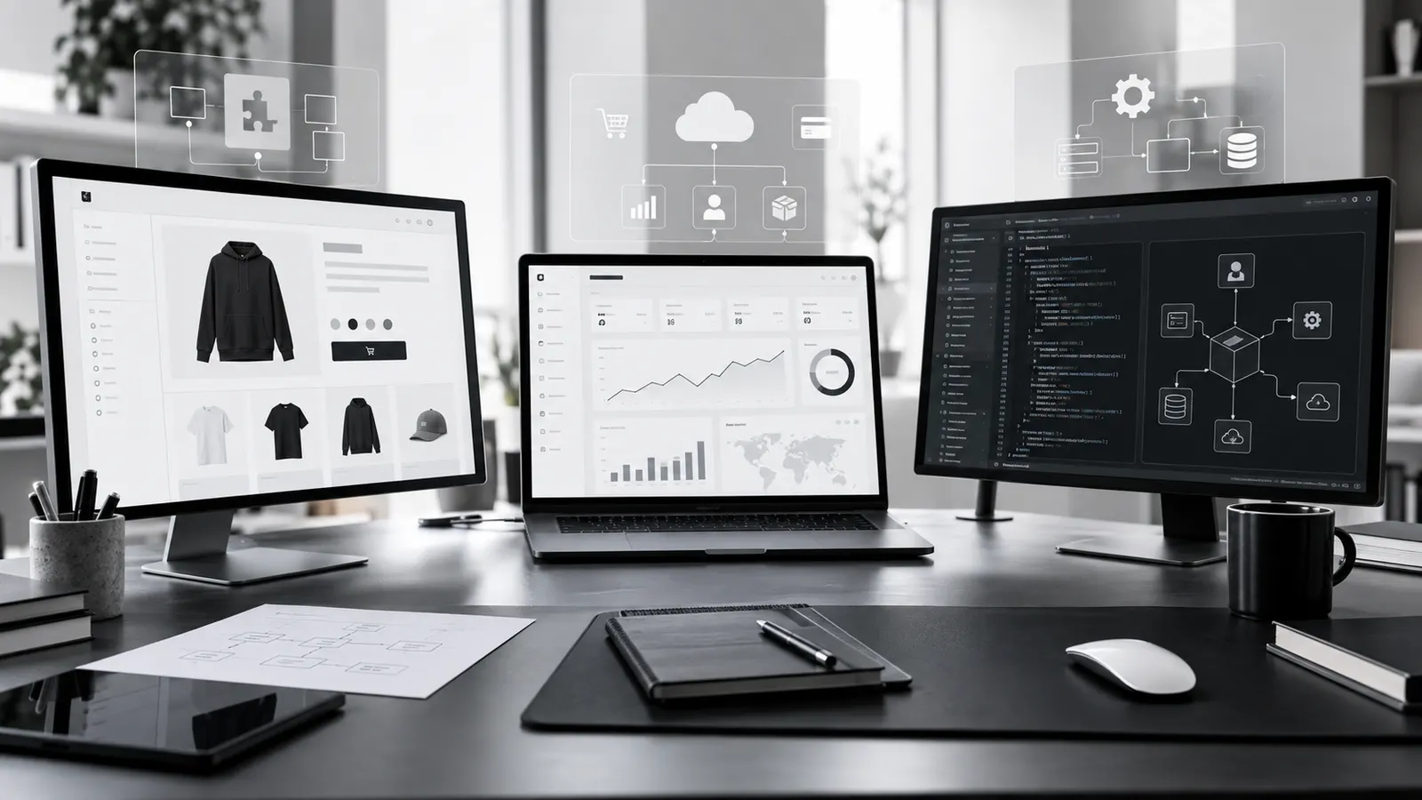 WooCommerce, hazır e-ticaret platformu ve özel yazılım seçeneklerini temsil eden üç farklı mağaza altyapısı