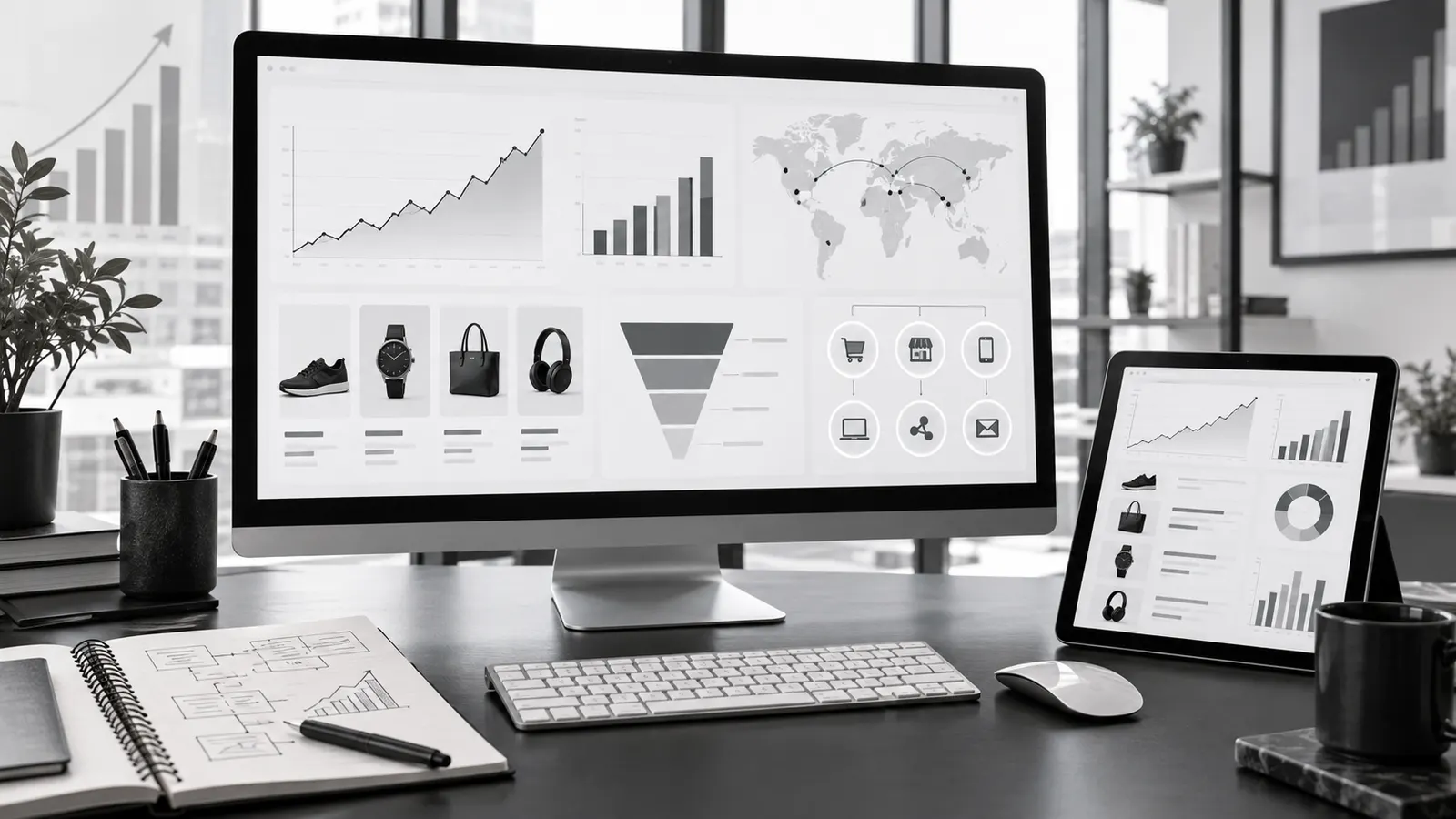 E-ticaret performansı, dönüşüm hunisi ve organik trafik verilerinin izlendiği analitik ekranları