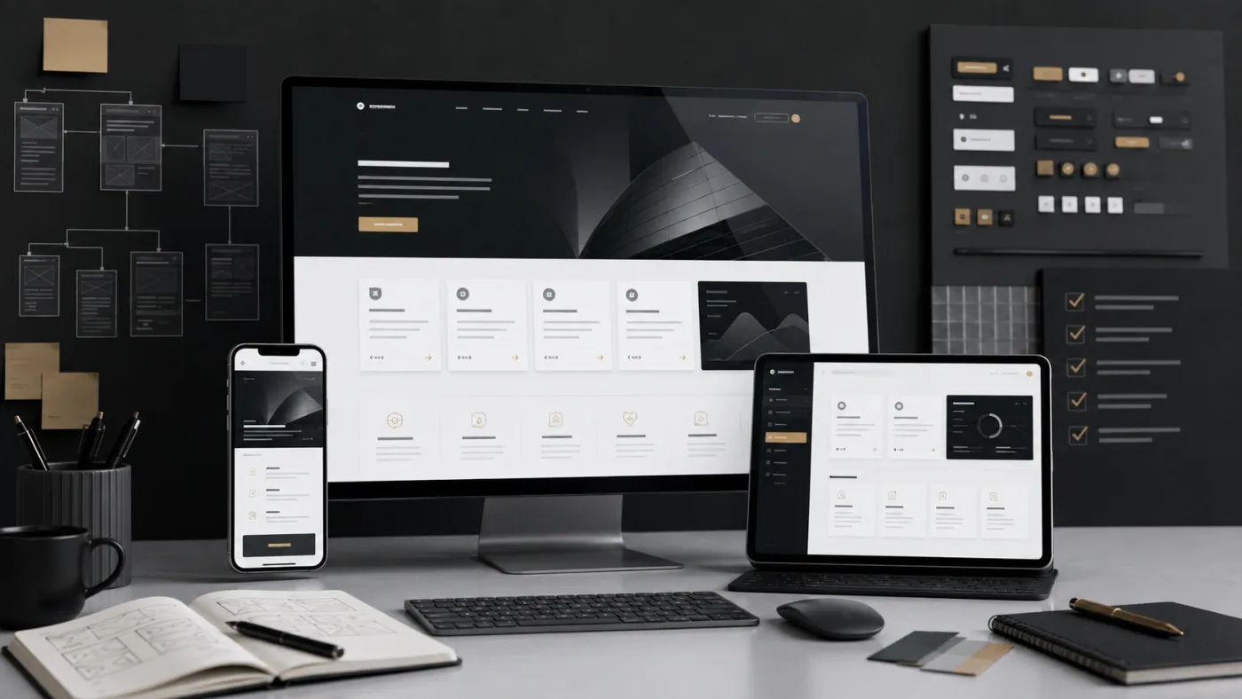 Kurumsal web sitesi tasarımı için responsive masaüstü tablet ve mobil arayüz mockup görseli