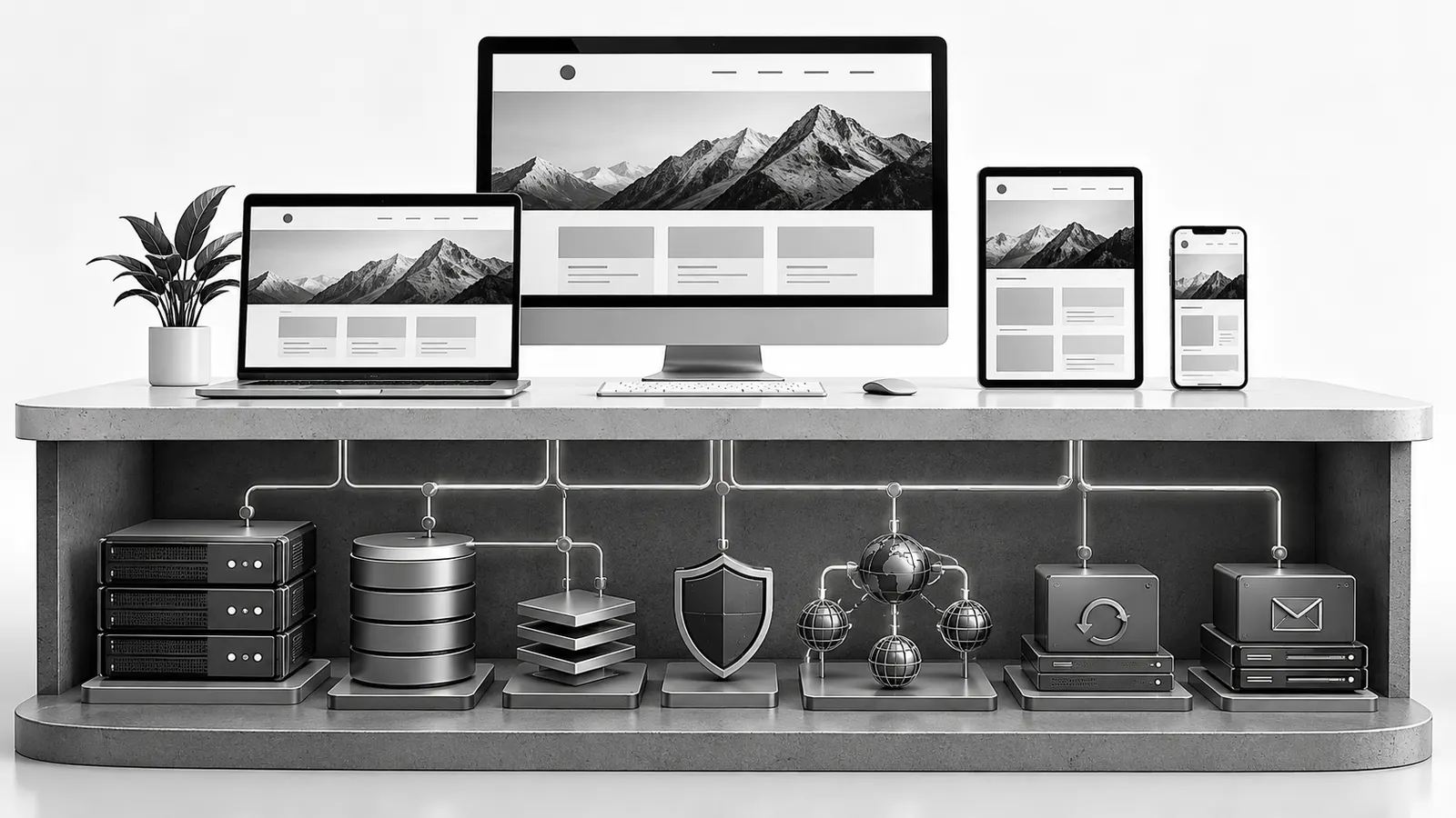 Responsive kurumsal web sitesinin altında sunucu, veritabanı, cache, güvenlik, DNS, yedekleme ve e-posta altyapısı
