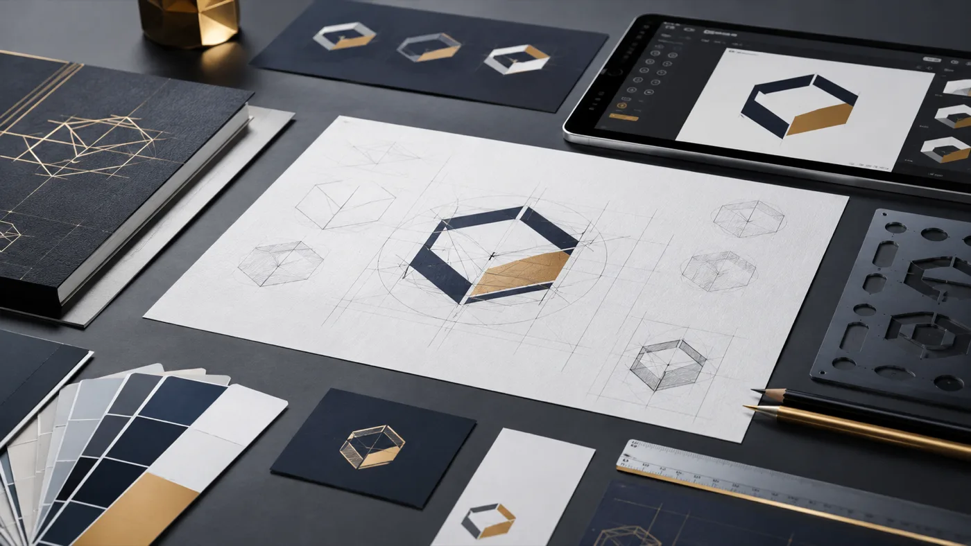 Logo tasarımı süreci için geometrik çizim eskiz vektör ekranı ve renk paleti görseli