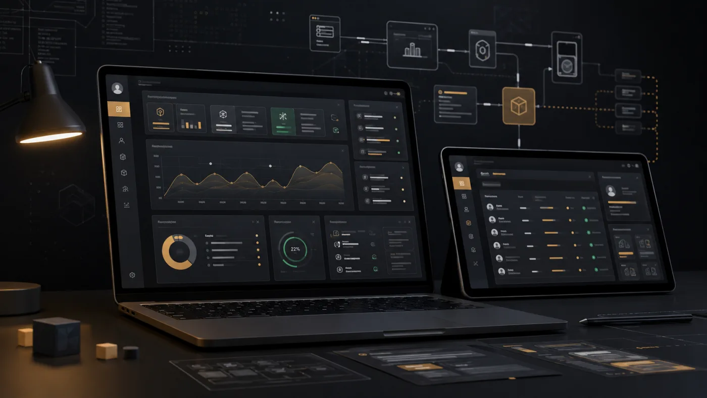 Özel web yazılım geliştirme için panel dashboard API akışı ve modüler arayüz görseli