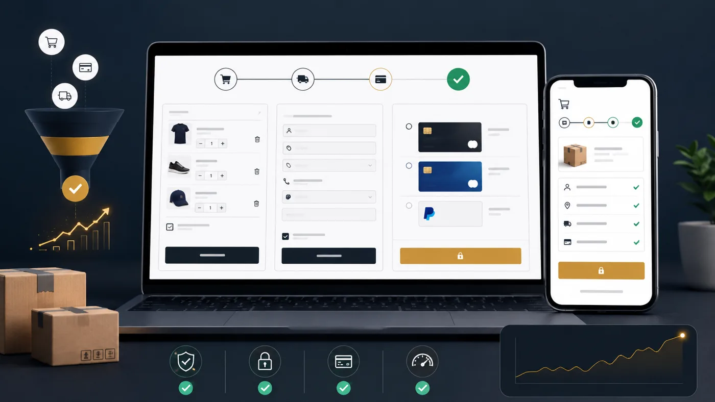 Sepet ve ödeme akışı optimizasyonu için dönüşüm hunisi ödeme adımları ve mobil checkout görseli