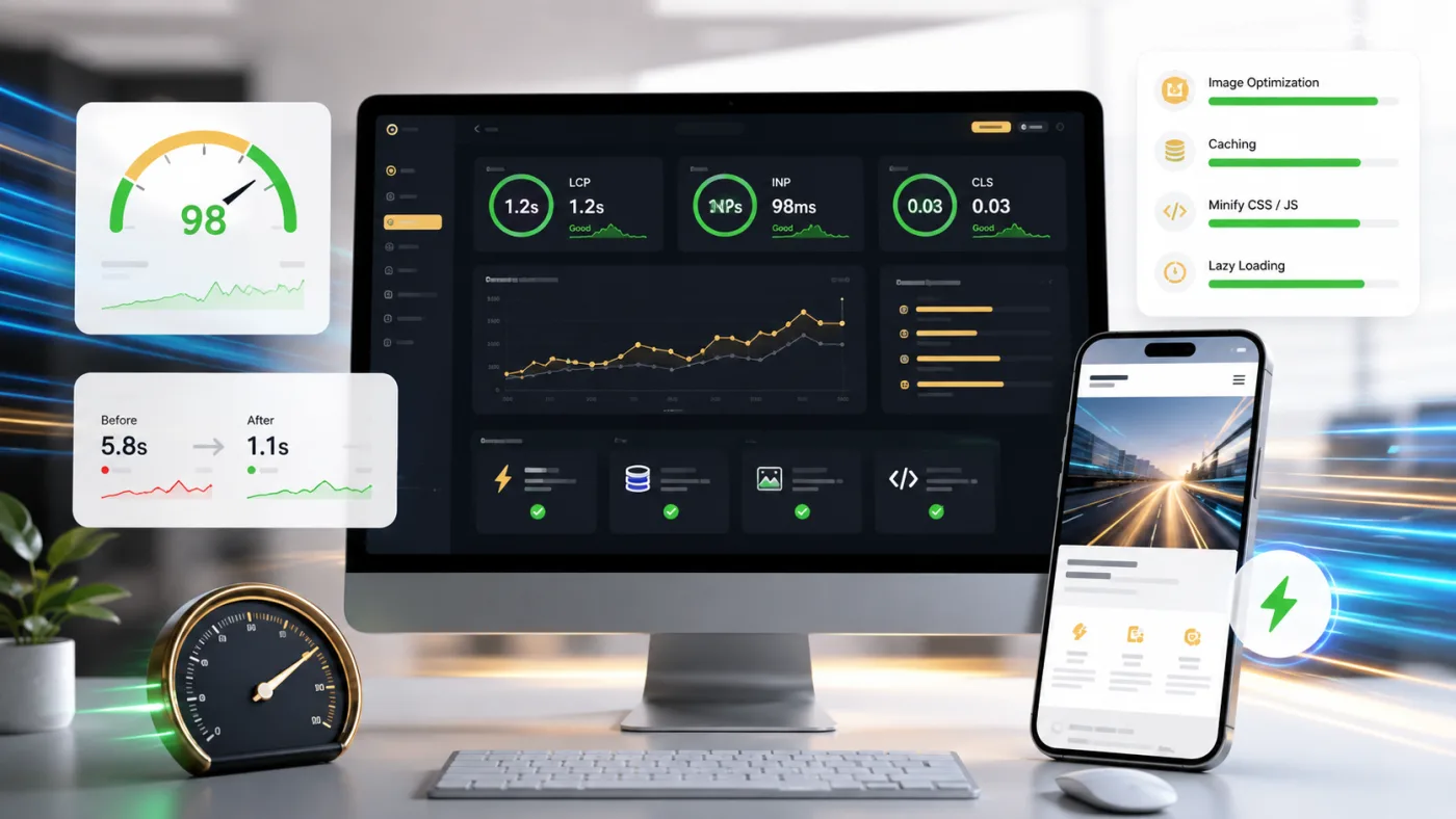 Web sitesi hız optimizasyonu için Core Web Vitals performans skoru cache ve mobil hız görseli