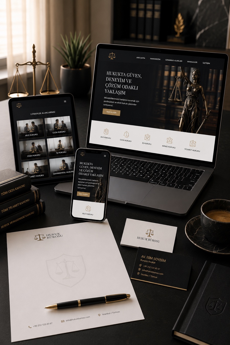 Avukatlık web sitesi tasarımı için laptop tablet ve mobil hukuk bürosu mockup görseli