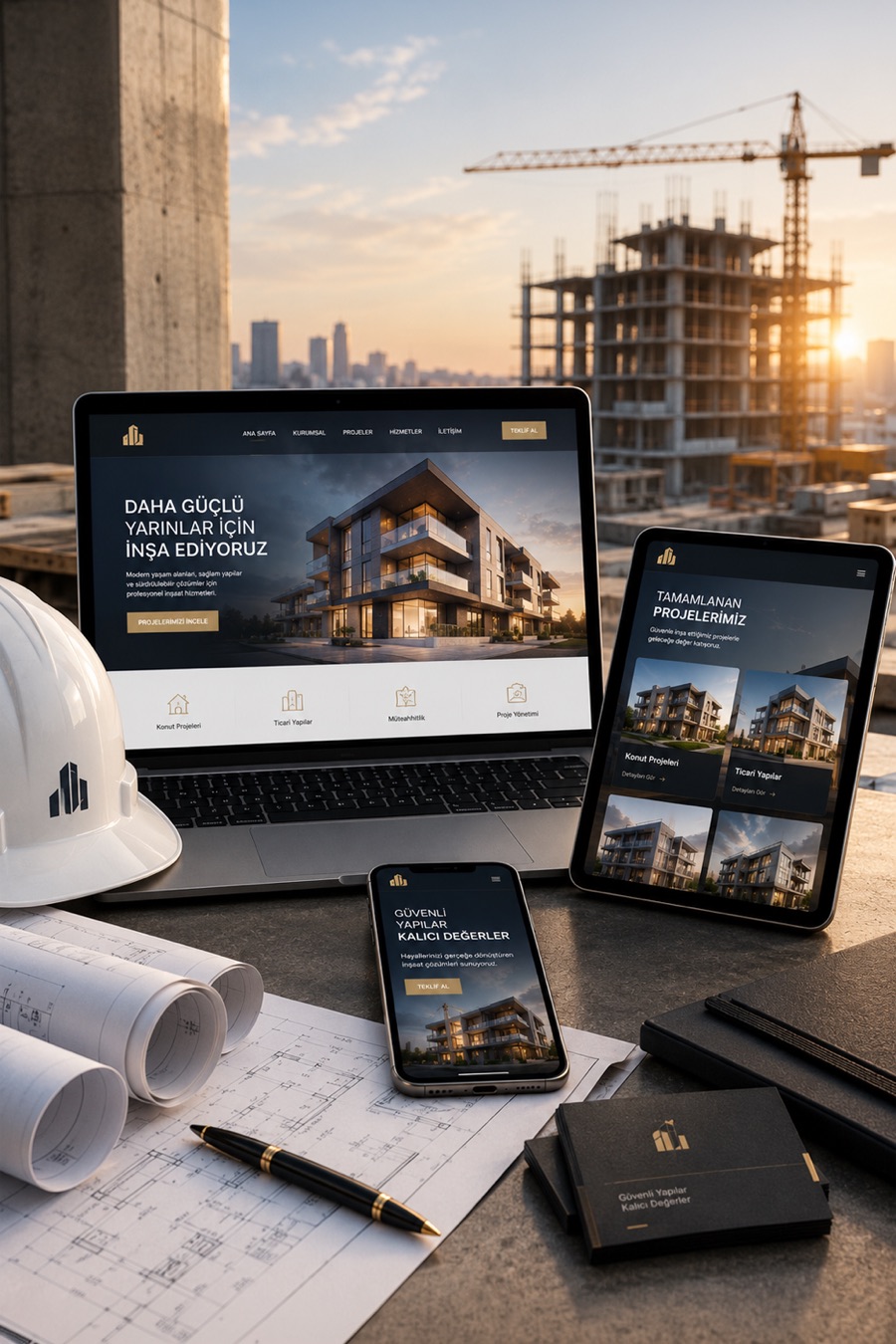 İnşaat firması web sitesi için laptop tablet ve mobil proje tanıtım mockup görseli