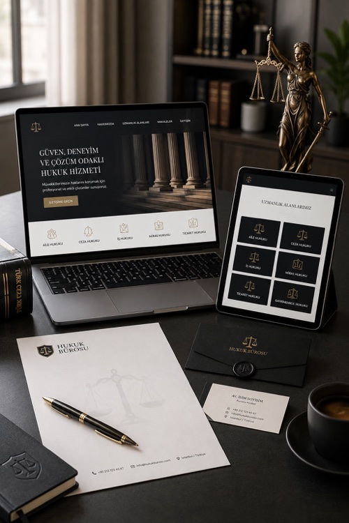 Hukuk bürosu web siteleri fiyatları için masaüstü ve tablet üzerinde avukat web sitesi tasarımı görseli