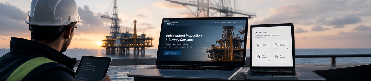 Inspection web sitesi için endüstriyel denetim ve survey hizmetleri arayüz görseli