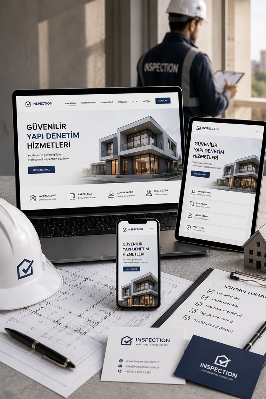 Inspection firmaları için yapı denetim hizmetleri web sitesi laptop tablet ve mobil mockup görseli